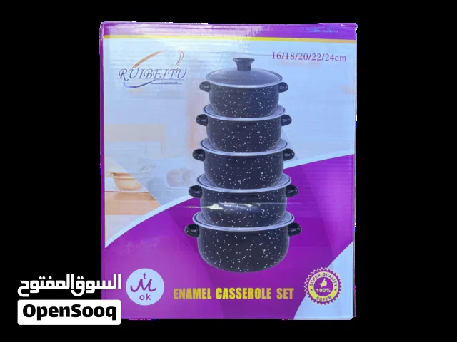 طقم قدور مينا فاخر 5 قطع بغطاء زجاجي تصمیم مرقط مقاوم للحرارة