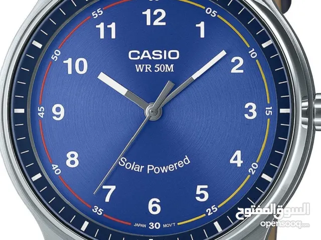 ساعة كاسيو ياباني أصلي  لون أزرق نيلي سير جلد+ شحن من الضوء  ضد الماء+ غير مستخدمه+ علبه الشركه سعر