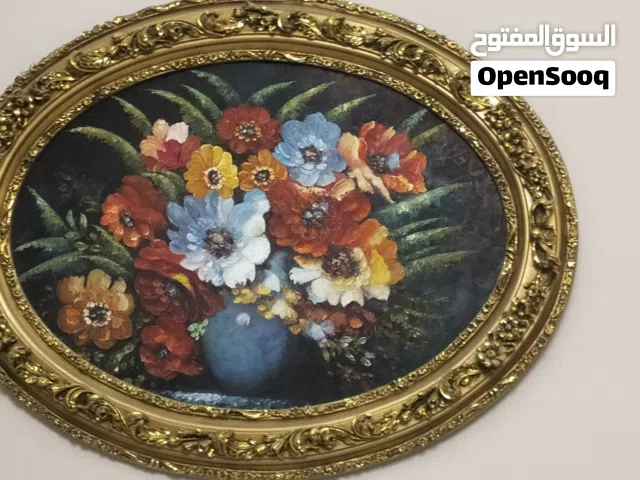 لوحة زيتية رسم يدوي مع برواز فاخر جدآ حفر يدوي ملبس ورق ذهب