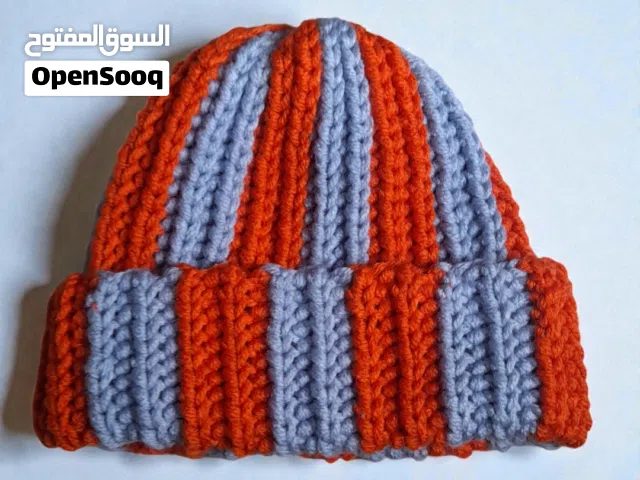 Handmade crochet striped ribbed beanie orange and light blue chunky adult size
