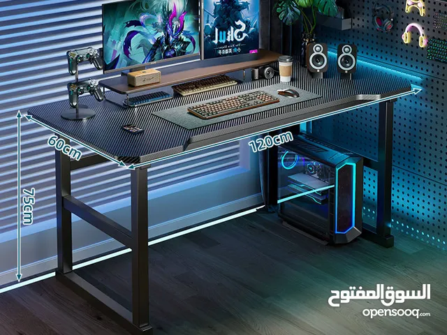 طاولة Gaming فخمة وأنيقة! لون أسود كربوني وهيكل معدني قوي  سطح واسع 120×60×75 سم مثالي لجهازك