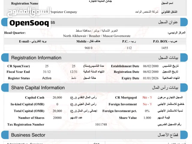 سجل تجاري للبيع لمحلات الخياطه سنة التأسيس 2000