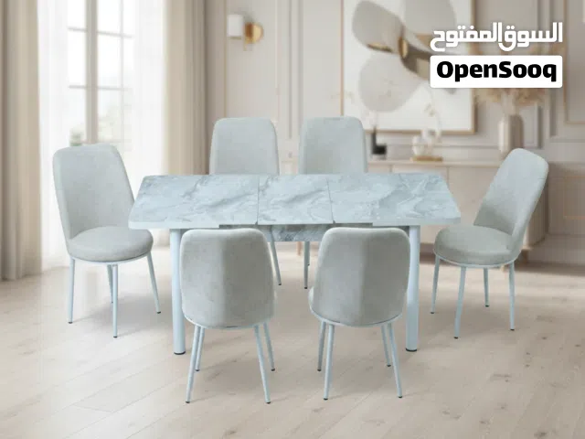 طقم طاولة طعام رخامي عصري قابل للتمدد مع 6 كراسي