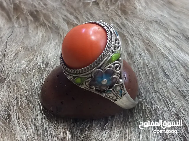خاتم فضة انتيك مرصع بحجر مرجان ومشغول يدوي 00962797418848 وتس اب