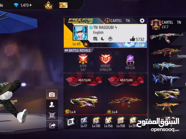 free fire acc lvl 65 5 evo gun + 14 pets +more than 50 character