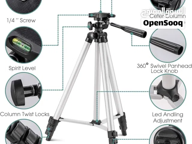 حامل ثلاثي للكاميرا أو الهاتف، مصنوع من الألمنيوم خفيف الوزن، قابل للتمديد والطي، مزوّد بمقبض للتحري