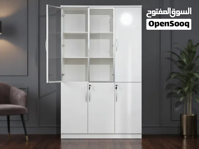 خزانة مكتب خشبية فاخرة باللون الأبيض مع أبواب زجاجية وسفلية مغلقة - 12FC03-3X