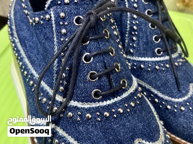 Original Miu Miu Studded Denim Platform Wingtip Oxfords