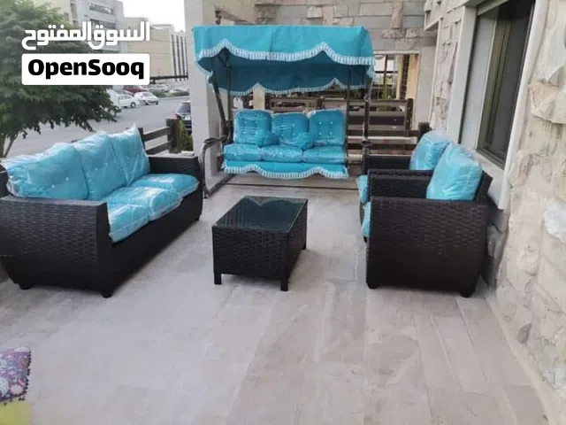 طقم راتان خمس مقاعد مع مرجوحة لون ازرق 260 دينار جديد