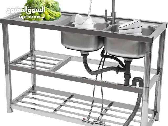 مجلى ستانلس ستيل حوضين مع رفوف وحنفية مكفول