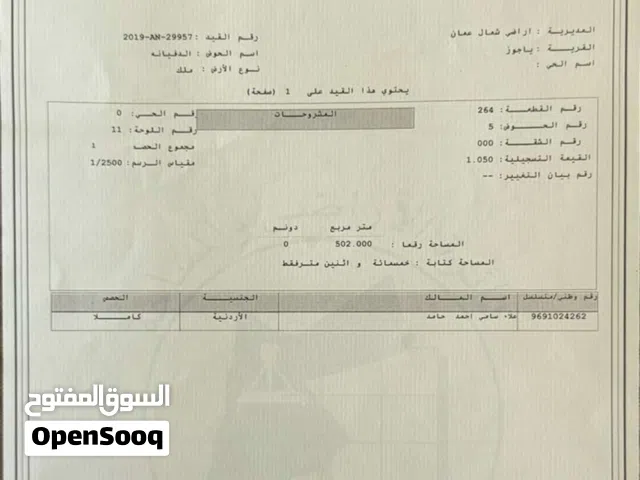 Residential Land for Sale in Amman Yajouz