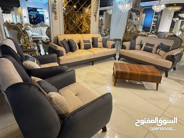 طقم كنب 7 مقاعد من ارقى الموديلات كوالتي عالي الخشب الداخلي2.5 سويد الخارجي بالكامل زان