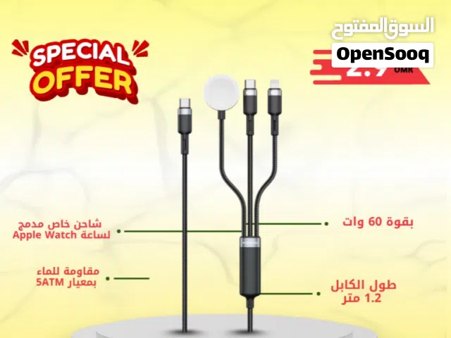 كابل شحن بورودو تريولينك 3 في 1 بمخرج من النوع C بقوة 60 وات