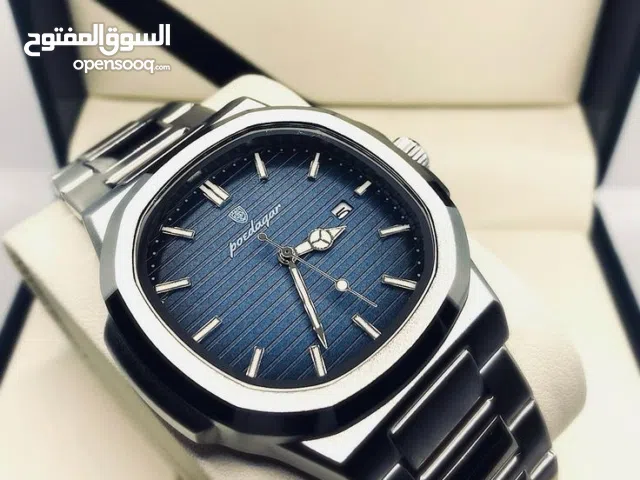 Poedagar Men’s luxury stainless steel wristwatch Blue textured dial silver case and bracelet.