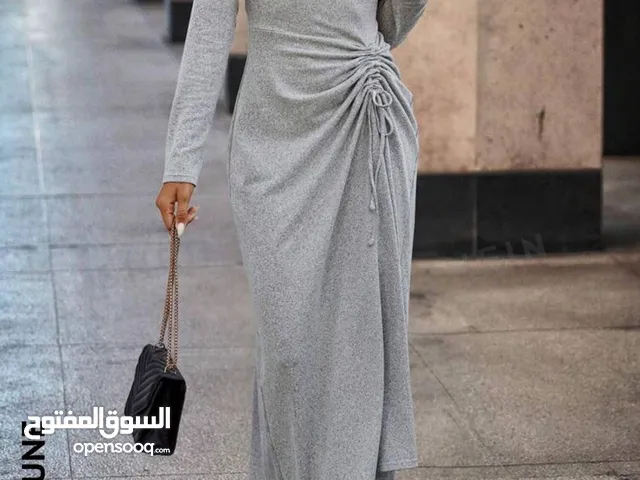 New Women’s Square Neckline Pleated Grey Dress / S