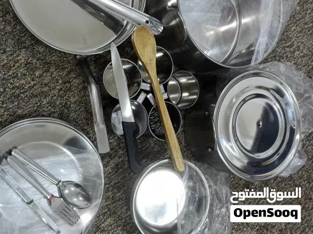 طقم ستانلس ستيل اصلي طناجر ومقلى وصحون ومعالق وشوك وسكاكين وكاسات