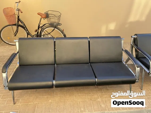 Full Set: Black Leather Office Chairs (1x Three-Seater, 2x Single-Seater)