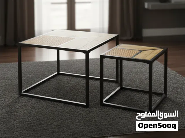 طقم طاولات قهوة متداخلة خشبية بتصميم صناعي وقاعدة معدنية سوداء - CT-18
