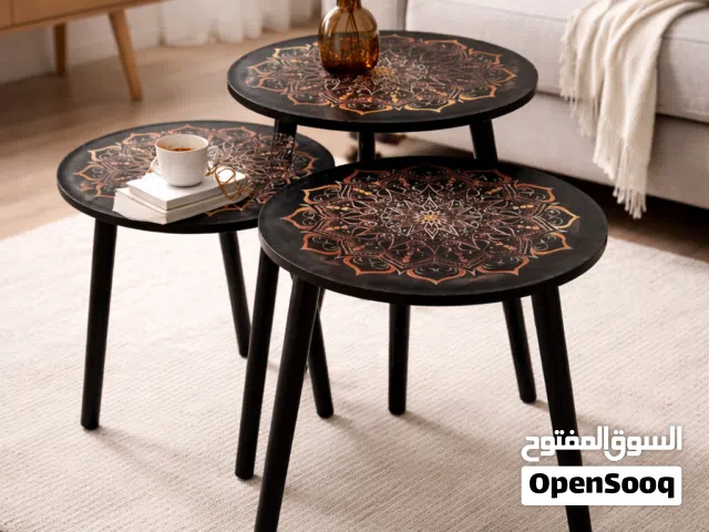 طقم طاولات جانبية دائرية بنقشة ماندالا أنيقة، 3 أحجام مختلفة تناسب أي مساحة  تصميم اسود عصري فخامه