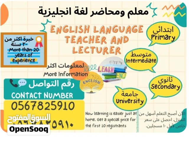 مدرس لغة انجليزية لجميع المراحل التعليمية.