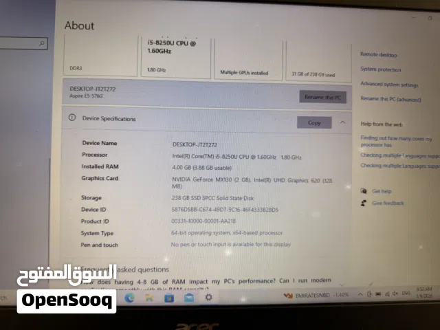 Acer i5 8th Gen + SSD 256GB