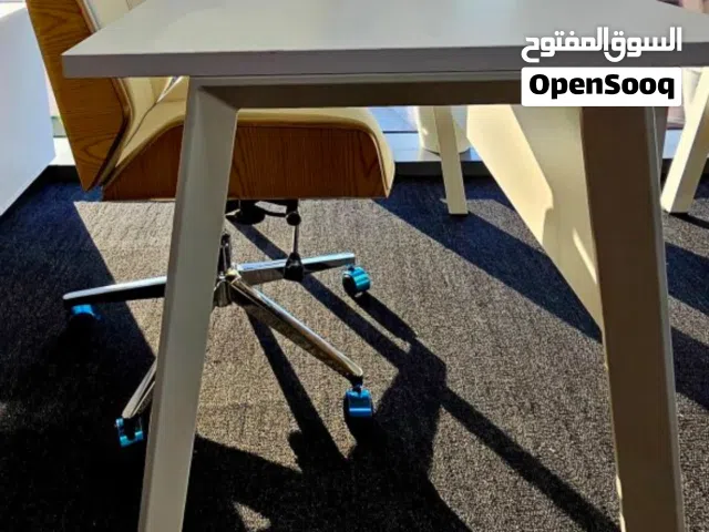 2 wooden office desks with 2 modern White Leather Office Task Chair