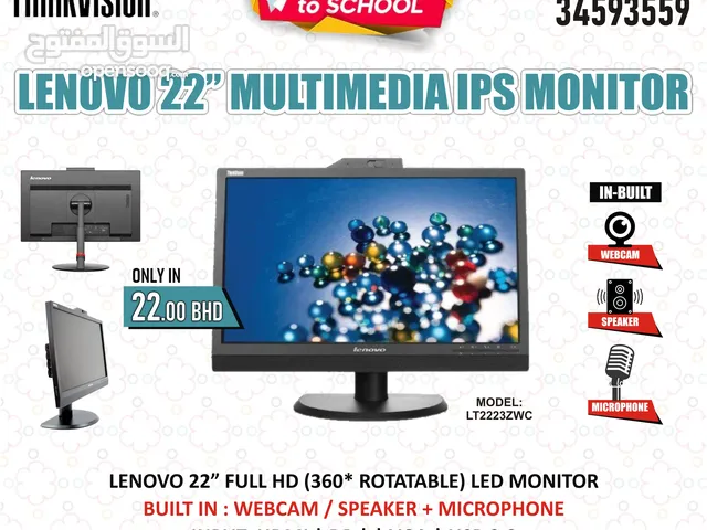 Lenovo 22" FHD IPS Wide Monitor (360* Rotatable) Inbuilt: Webcam + Speakers + Microphone