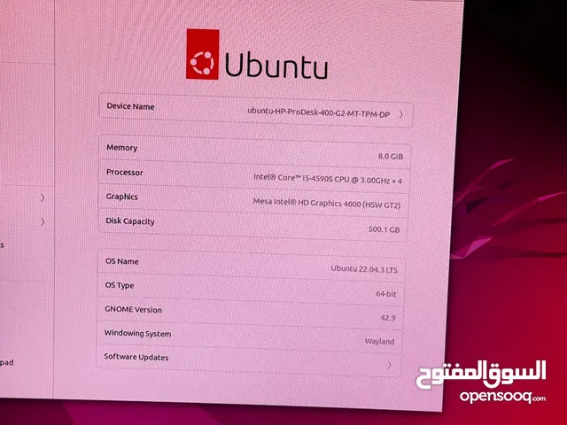 Ubuntu OS Desktop  Ubuntu-HP-ProDesk-400  HP Intel Core i5-4569S CPU @ 3.00 GHz RAM 8 GB ROM 500 GB