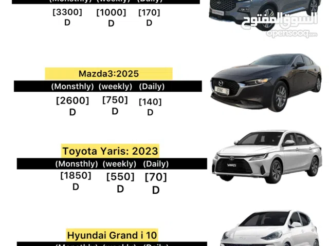 Cars for rent.Ford’ Hyundai ’Mazda ’Toyota ’