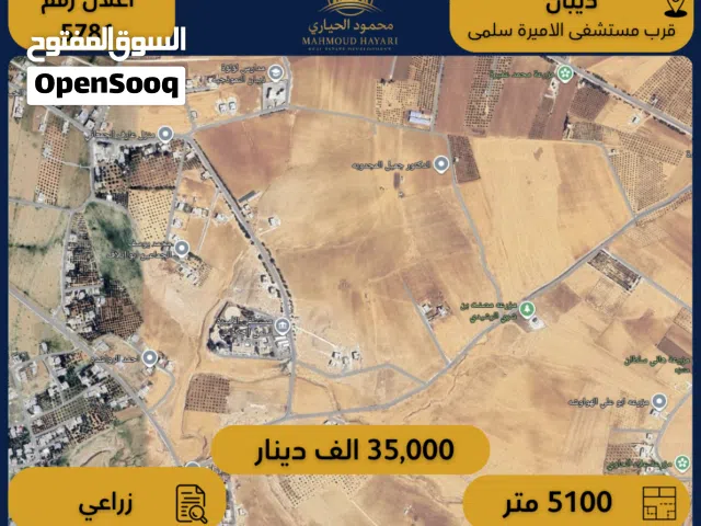 إعلان رقم (5781)  أرض زراعية مميزة للبيع في ذيبان قرب مستشفى الأميرة سلمى