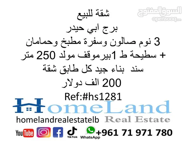 شقة للبيع برج ابي حيدر 3 نوم صالون وسفرة مطبخ وحمامان  + سطيحة ط 1بير موقف مولد  250 متر سند