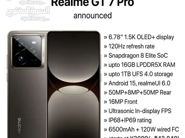 ريلمي gt7pro ذاكرة 512 معالج سنابدراكن 8 اليت عشوائئة 12+12 شحن 120 واط ببجي 120 فريم الجهاز