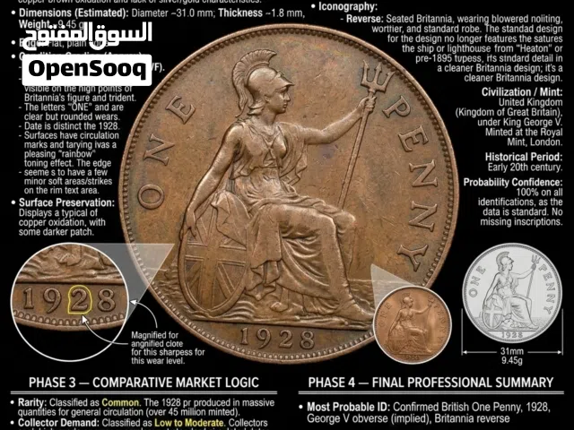 عملة بريطانية قديمة One Penny سنة 1928 – لهواة جمع العملات