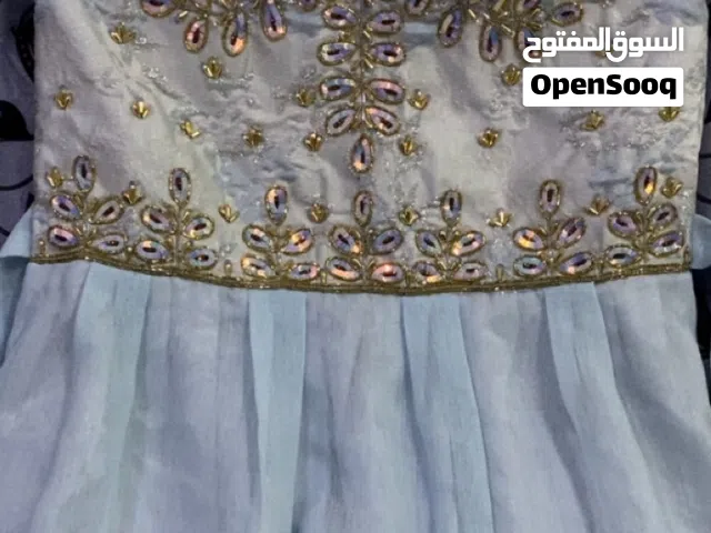 ( فستان سهره )سماوي مخرز وقماش لامع للعيد للمناسبات والسهرات والحفلات الطول 53/54