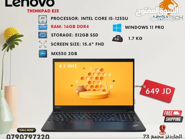 لابتوب Lenovo Thinkpad E15-انتل كور اي 5 جيل 12-8جيجابايت رام-512جيجا GPU MX550-2GB لابتوبات لينوفو