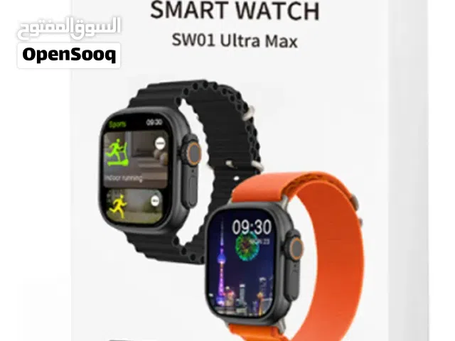 ساعة Sw01 Ultra Max Wiwu الذكية الحساسة للمس مع هيكل فضي وحزام برتقالي وإطار رمادي وتصميم سوار شبكي