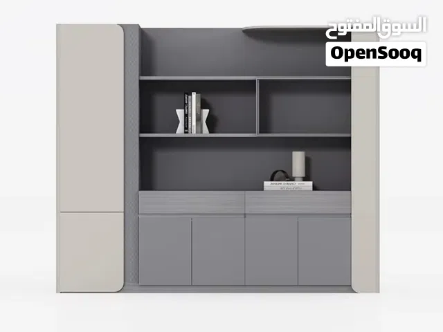 This is a modern grey and white display cabinet with integrated LED lighting.