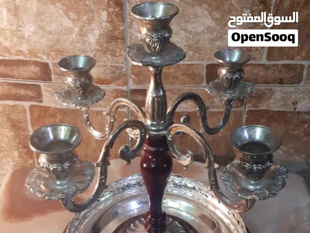 شمعدان خماسي نحاس مطلي فضة و خشب