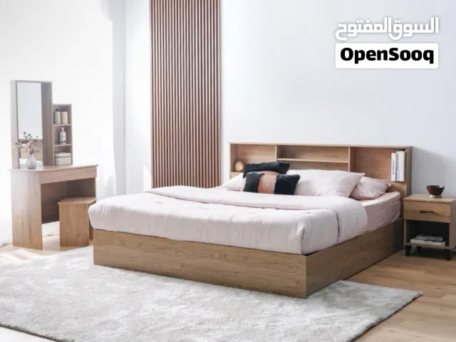 Wooden Platform Bed with Headboard Storage and Matching Nightstand with mattress