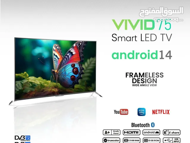 Blueberrys Vivid75 75" Android 14 Smart LED TV  4K UHD  Frameless  Bluetooth  HDR