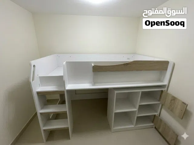 white bed with stairs and cabinets and shelves ( open to offers)