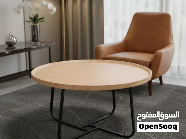 طاولة قهوة دائرية خشبية بتصميم عصري وقاعدة معدنية سوداء - RDT-622