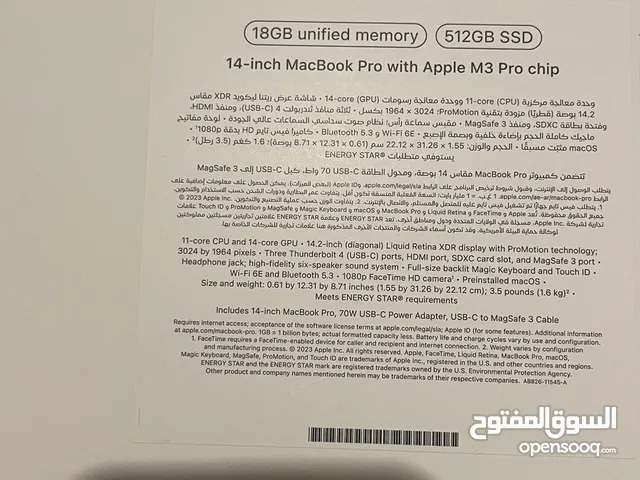 Macbook m3 pro 14inch نسخة شرق اوسط عربي انجليزي ضمان سنه علبة متبرشمة