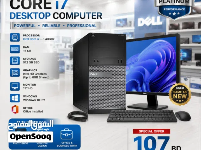 Dell Core i7 -Computer Set Speed 3.40Ghz 16GB RAM  512GB SSD Win 10 Pro 19'′ HD Monitor-/ WhatsApp