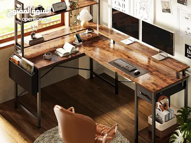 L-Shaped Gaming Desk & Home Office Desk with RGB Lighting and USB Ports Brown طاولة قيمنق