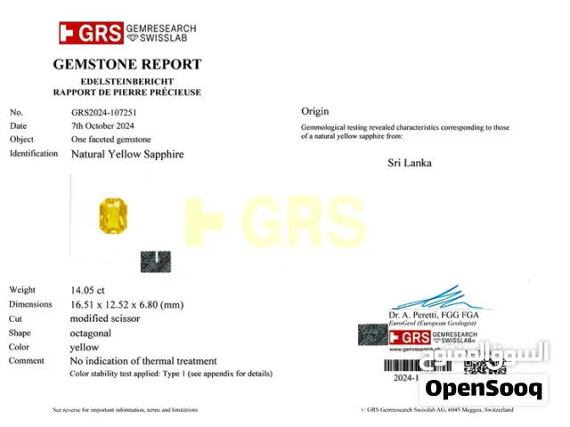 14.05 Ct. sapphire mined in Sri Lanka certified by GRS & Bellerophon