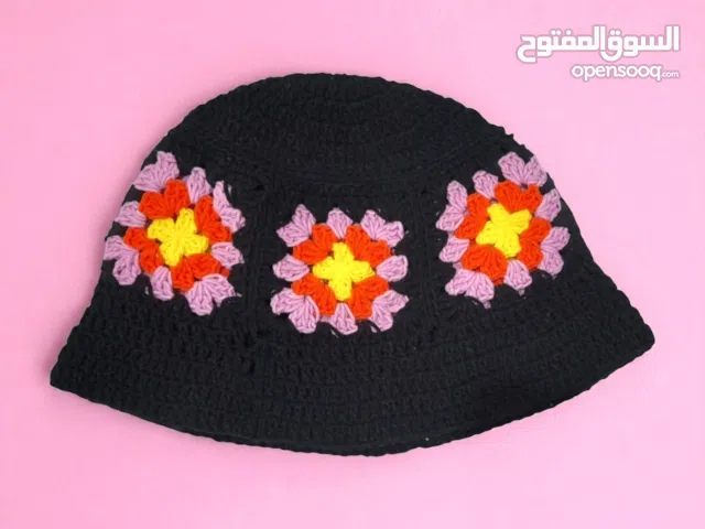 handmade crochet black bucket hat with pink orange and yellow granny squares adult size