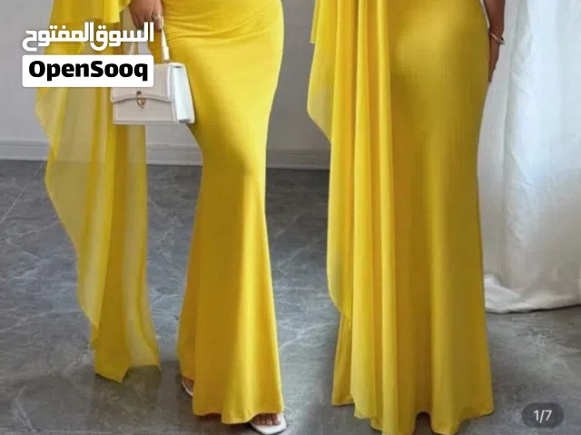 فستان سهرات ،حفلات، بلون ترندي الاصفر الحلو جديد معه هدية صغيرة للي بياخدو