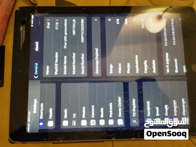 iPad 6th Generation للبيع  الحالة: مستعمل   فيه كسر بالشاشة (موضح بالصور)   يعمل بشكل طبيعي   النظام