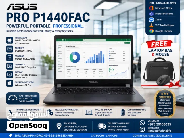 ASUS Pro P1440FAC  Core i3 10th Gen  8GB RAM  256GB NVMe SSD  14" FHD Laptop  83BD Only